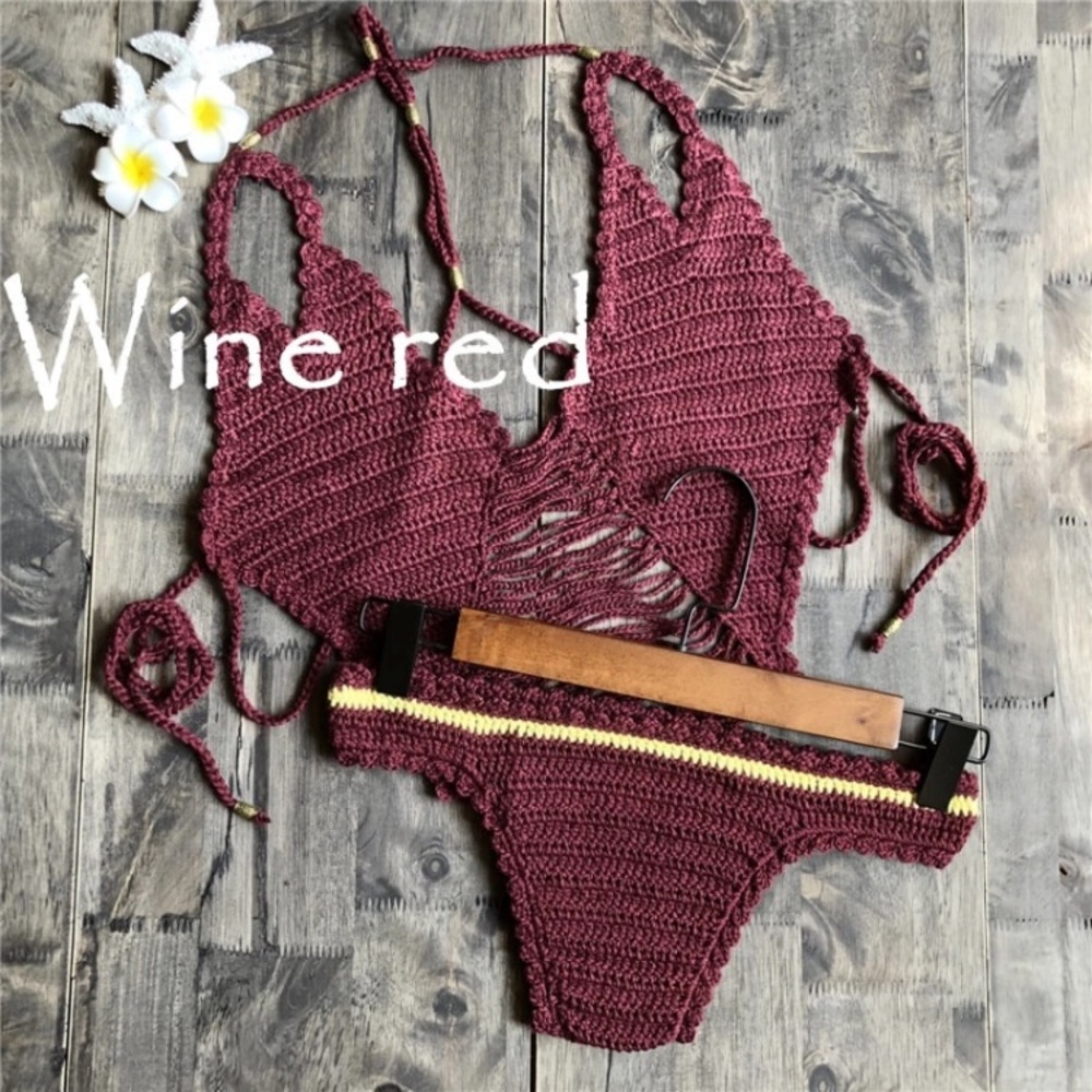 Boho Crochet Burgundy Bikini Set - Picture 6 of 6